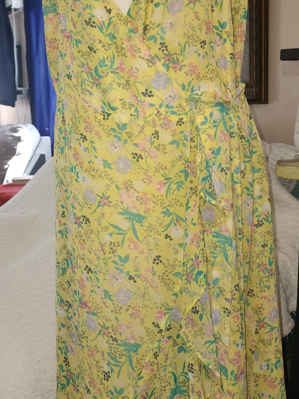 Lulu's Pastel Yellow Floral Wrap Dress